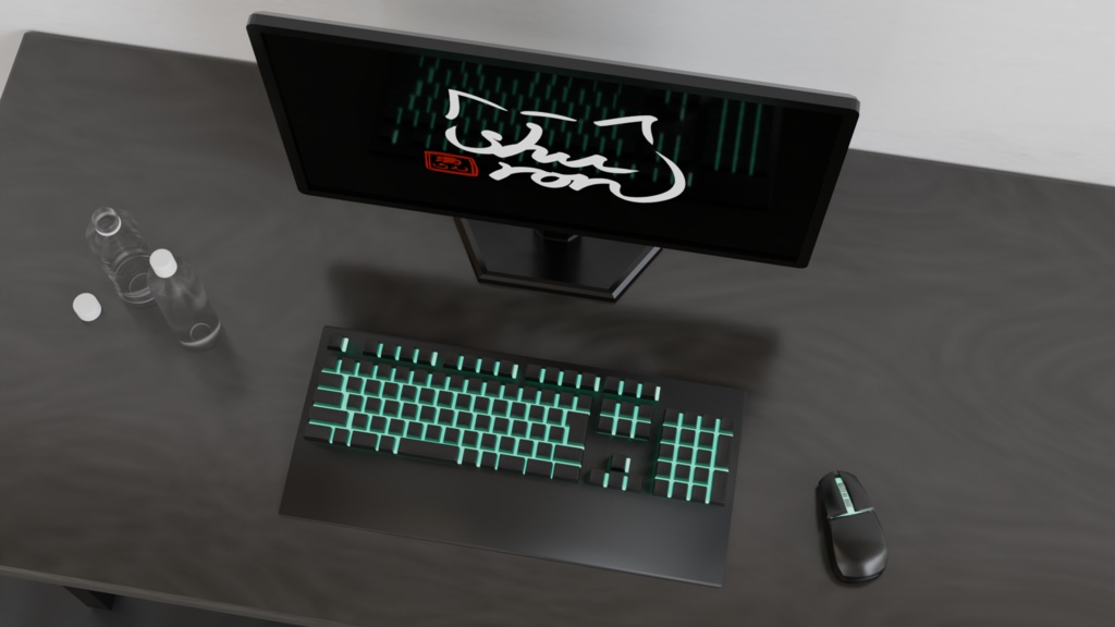 【3Dモデル】ゲーミング家具・小物7点セット(デスク、モニター、マウス、キーボード、ペットボトル)