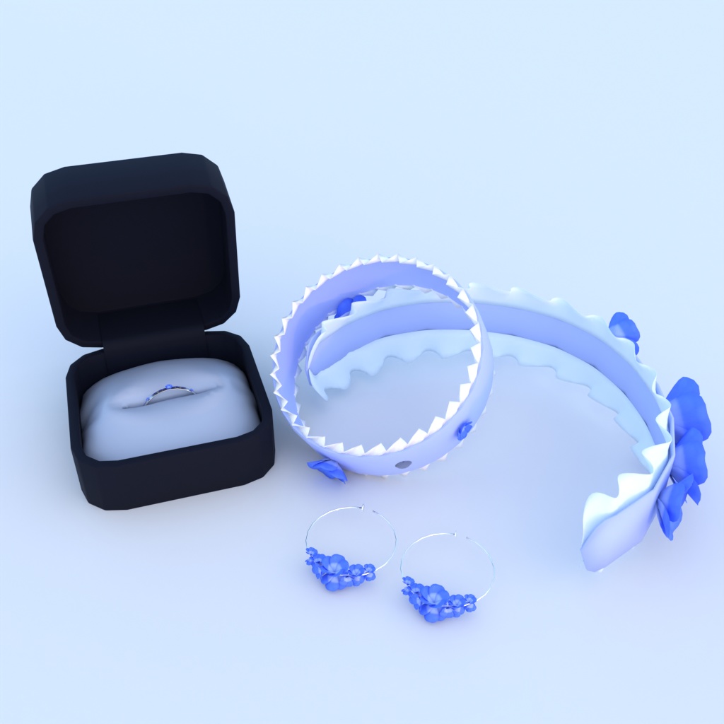 【3Dモデル】ネモフィラモチーフのアクセサリー(イヤリング・ヘッドドレス・ブレスレット・指輪)