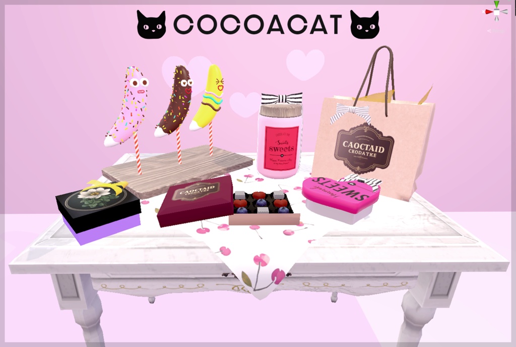 【VRC想定】CHOCO、チョコバナナ等の贈り物セット【3D小物】(机付き)【PCVR/Quest】