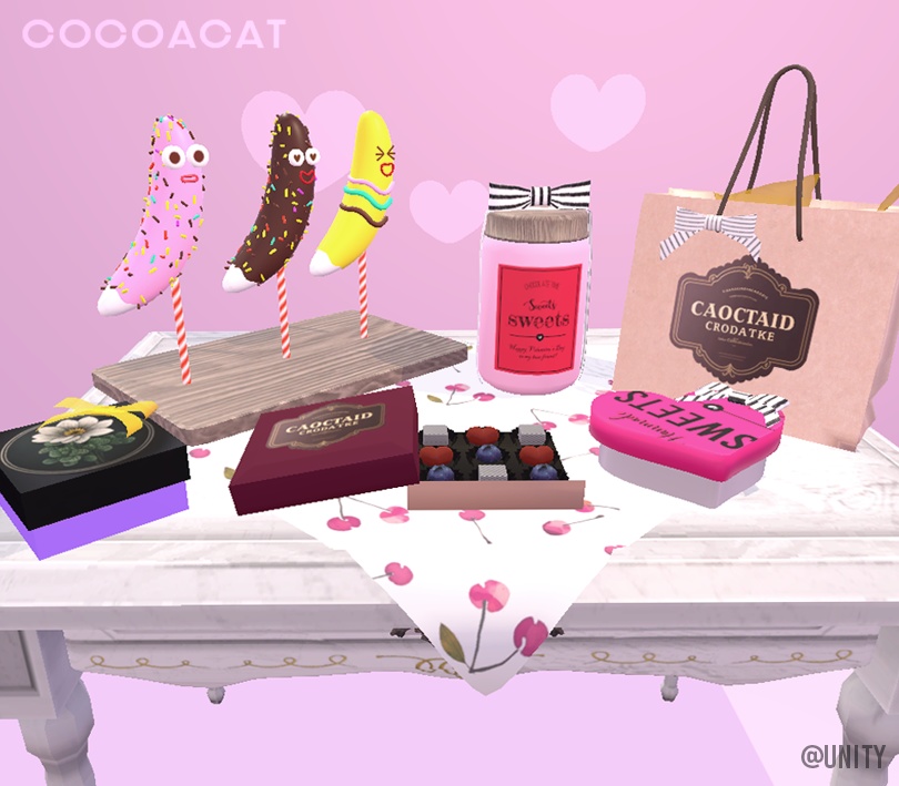 【VRC想定】CHOCO、チョコバナナ等の贈り物セット【3D小物】(机付き)【PCVR/Quest】