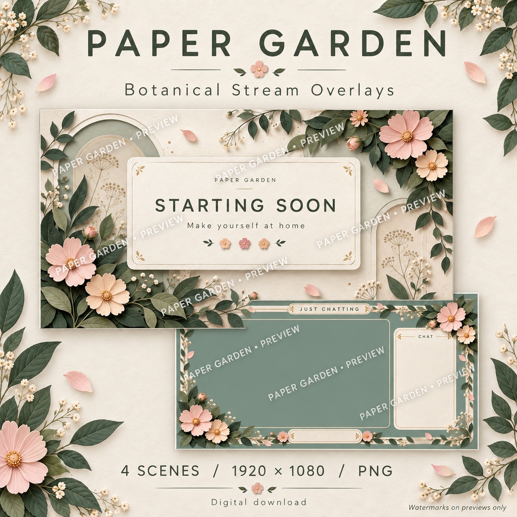 Paper Garden | Layered Botanical Stream Overlays — 1080p PNG