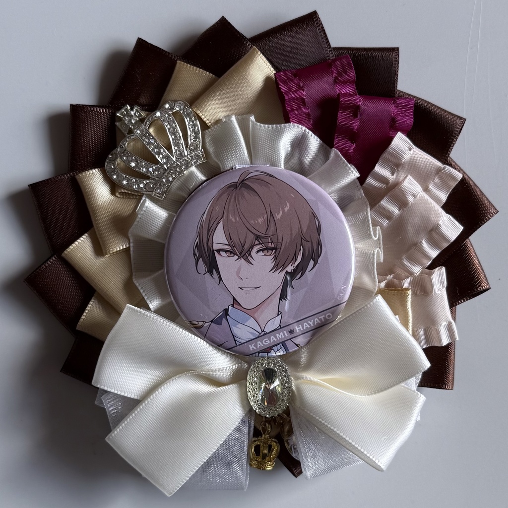 ハンドメイドロゼット 痛ロゼット 加賀美ハヤト 茶×金×白 ブラウン×ゴールド×ホワイト 王冠 クラウン