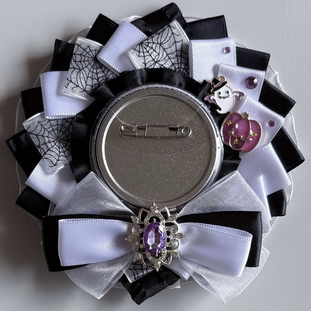 ハンドメイド ロゼット 痛ロゼット ハロウィン 黒×紫×白 ブラック×パープル×ホワイト