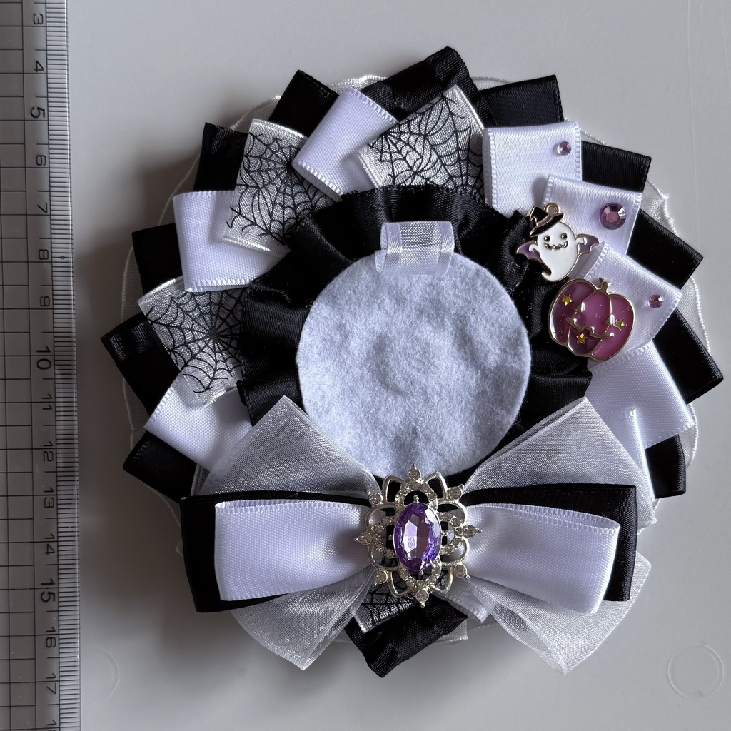 ハンドメイド ロゼット 痛ロゼット ハロウィン 黒×紫×白 ブラック×パープル×ホワイト