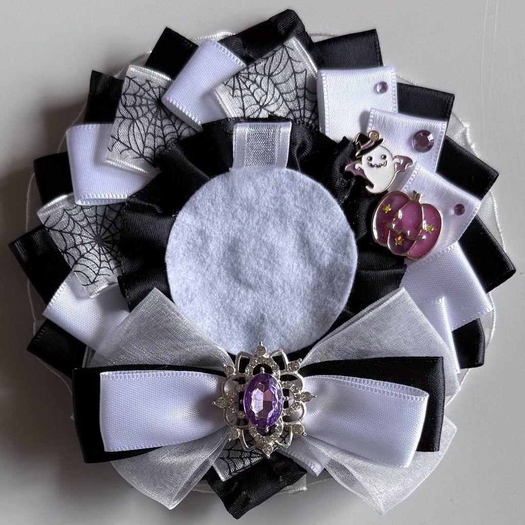 ハンドメイド ロゼット 痛ロゼット ハロウィン 黒×紫×白 ブラック×パープル×ホワイト
