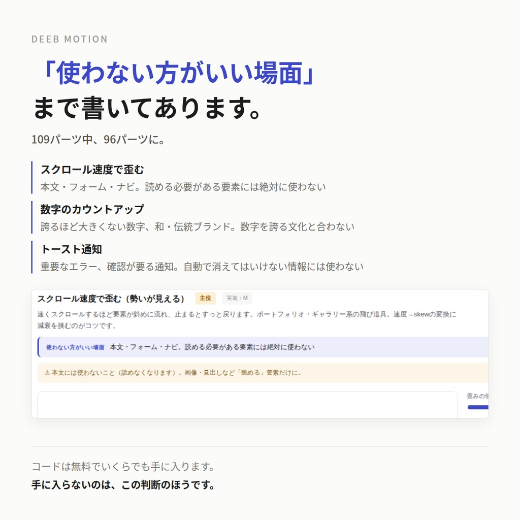 DEEB MOTION ── 場面から引く、Webアニメーション109パーツ+「使わない方がいい場面」つき