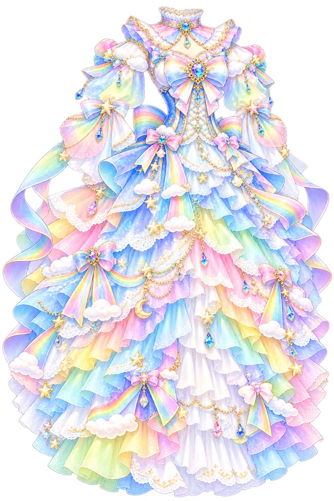 虹と雲をイメージしたカラフルなドレス素材