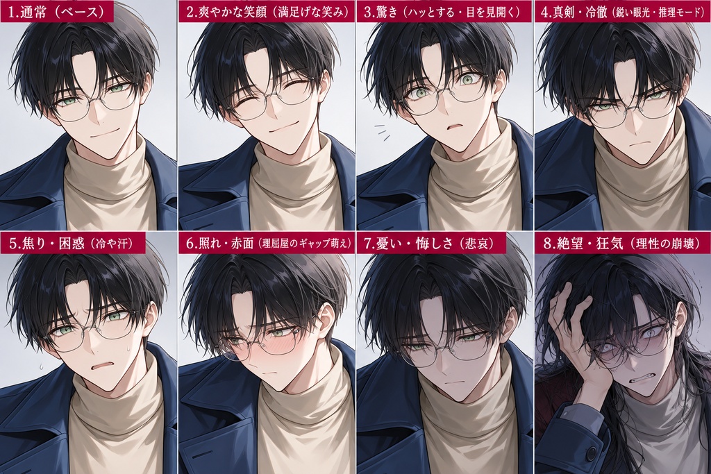 【TRPG立ち絵素材】知性派の若手探偵／青年研究者（表情差分8種・透過PNG）