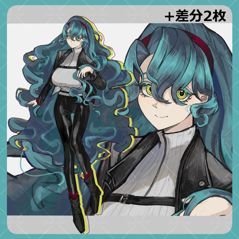 【全身立ち絵素材】天パ_ロング_女性_青髪