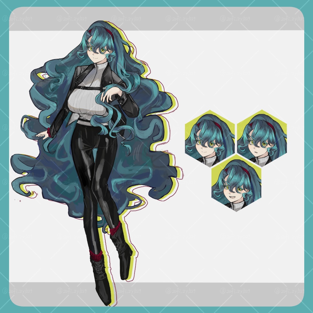 【全身立ち絵素材】天パ_ロング_女性_青髪