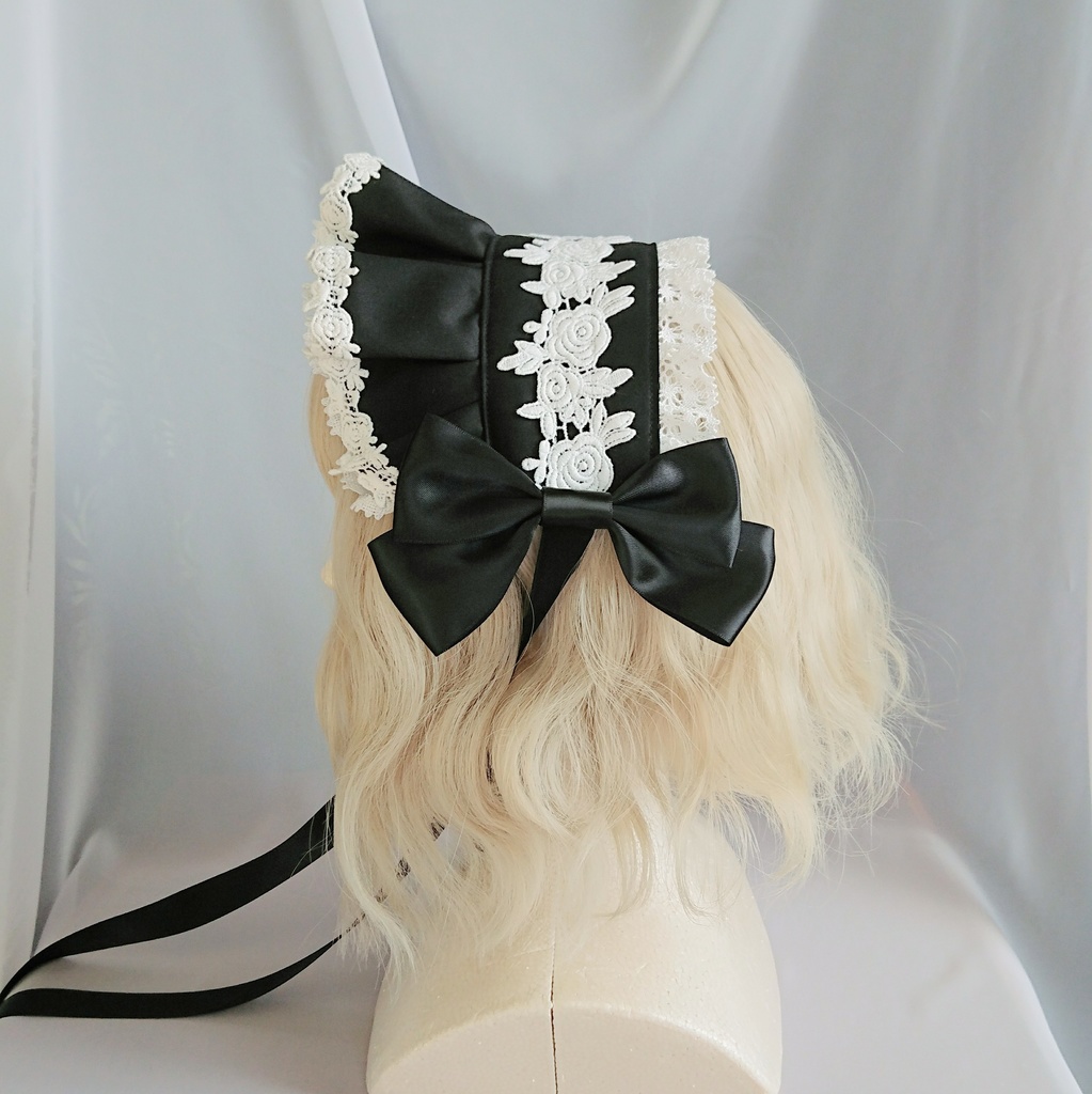 幅広トーションレースのハーフボンネット風ヘッドドレス 黒×オフ白