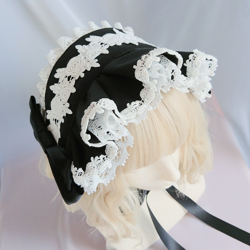 幅広トーションレースのハーフボンネット風ヘッドドレス 黒×オフ白