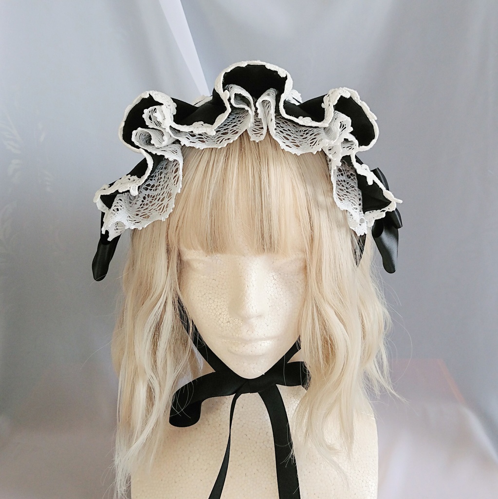 幅広トーションレースのハーフボンネット風ヘッドドレス 黒×オフ白