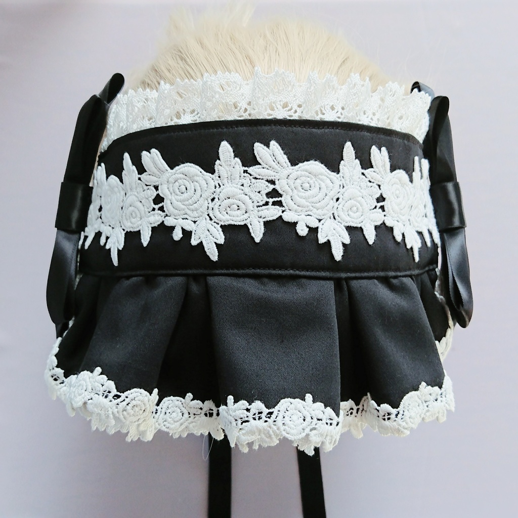 幅広トーションレースのハーフボンネット風ヘッドドレス 黒×オフ白