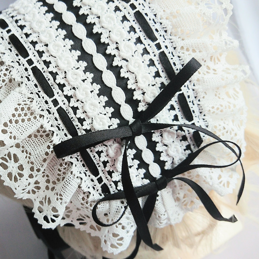 ヘッドドレス 細サテンリボン 黒×オフ白