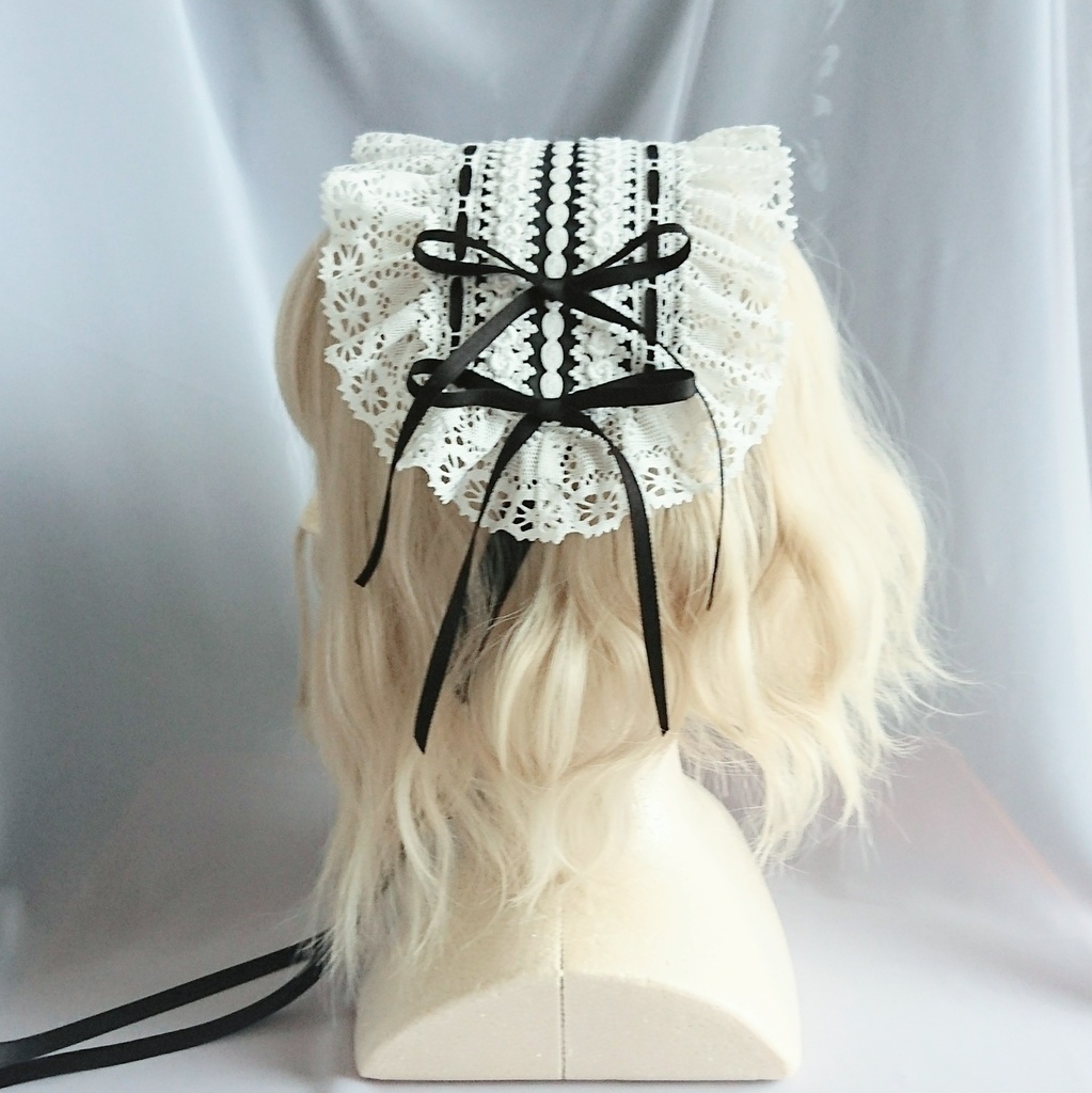 ヘッドドレス 細サテンリボン 黒×オフ白