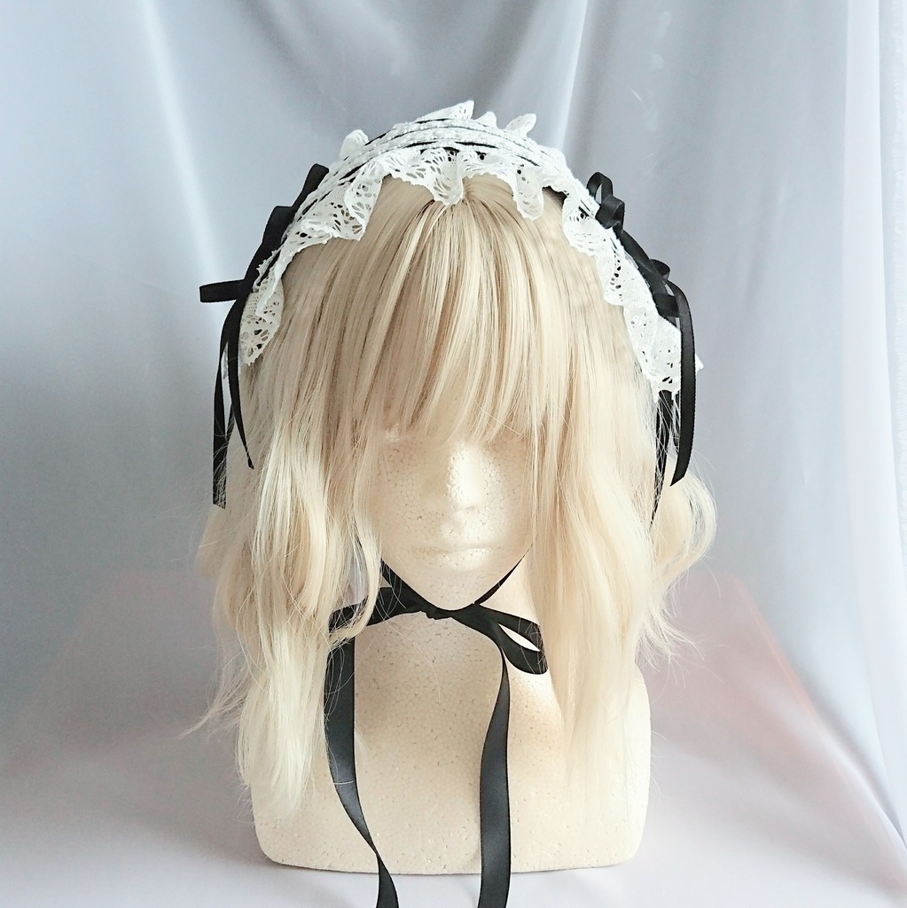 ヘッドドレス 細サテンリボン 黒×オフ白