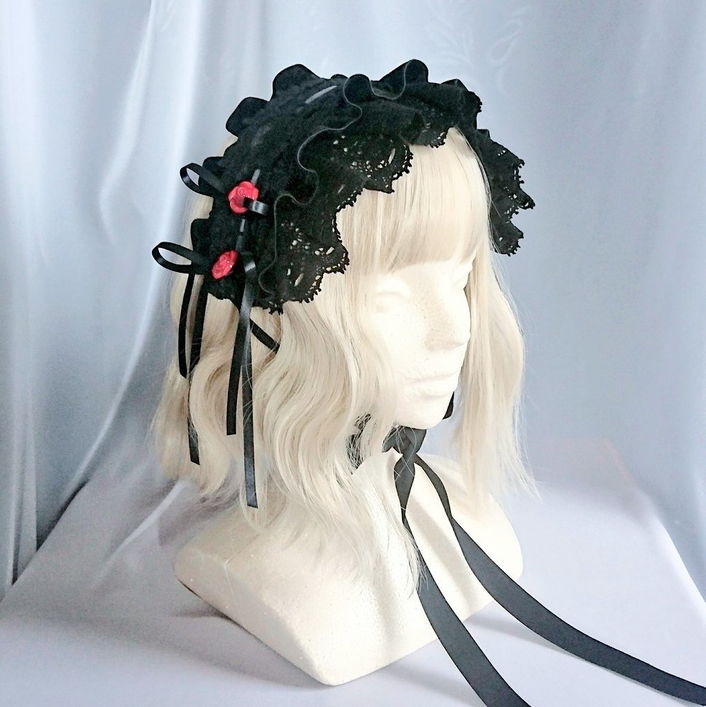 バラのプラボタン付きベルベットヘッドドレス+リングセット