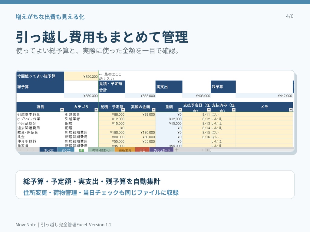 引っ越し準備・やること完全管理Excel|TODO・費用・住所変更・荷造りチェック