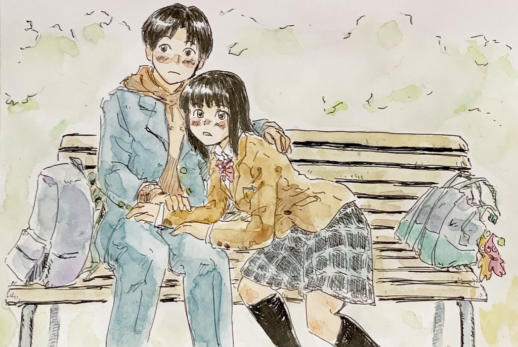 水彩画　公園のベンチ