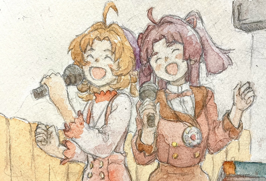 アナログ水彩イラスト　名探偵プリキュア　カラオケをするあんなとみくる