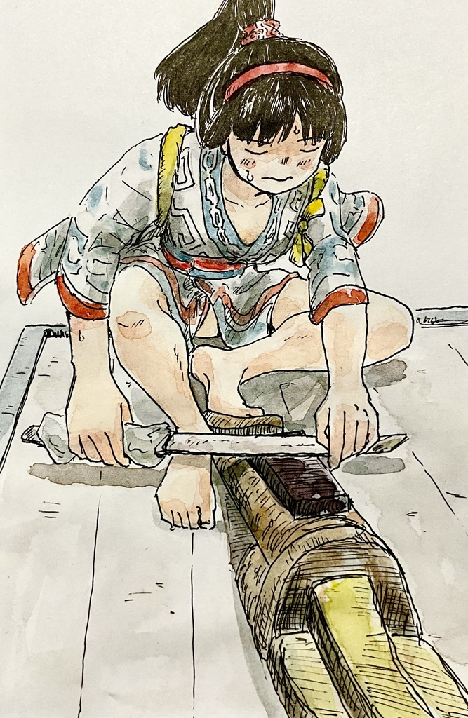 アナログ水彩イラスト　刀を砥ぐナコルル