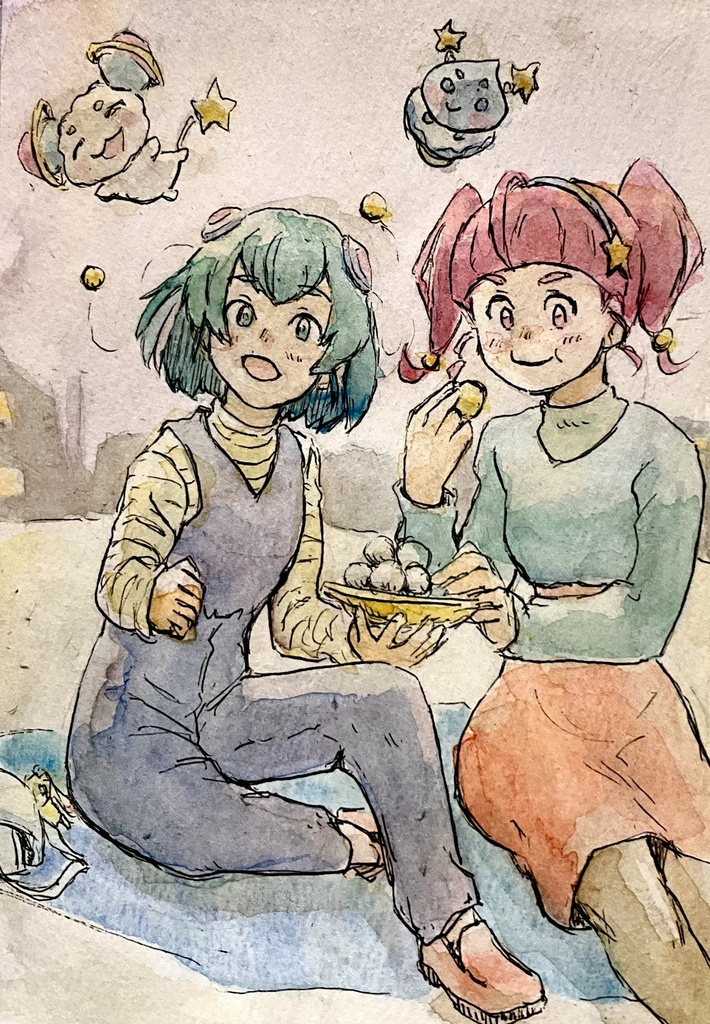 アナログ水彩イラスト　月見をするひかるとララ