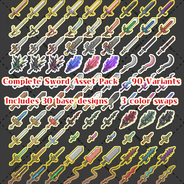 剣アイコン素材集 - 90種(30デザイン×3カラー)Sword Icon Pack – 90 Variants (Pixel Style)