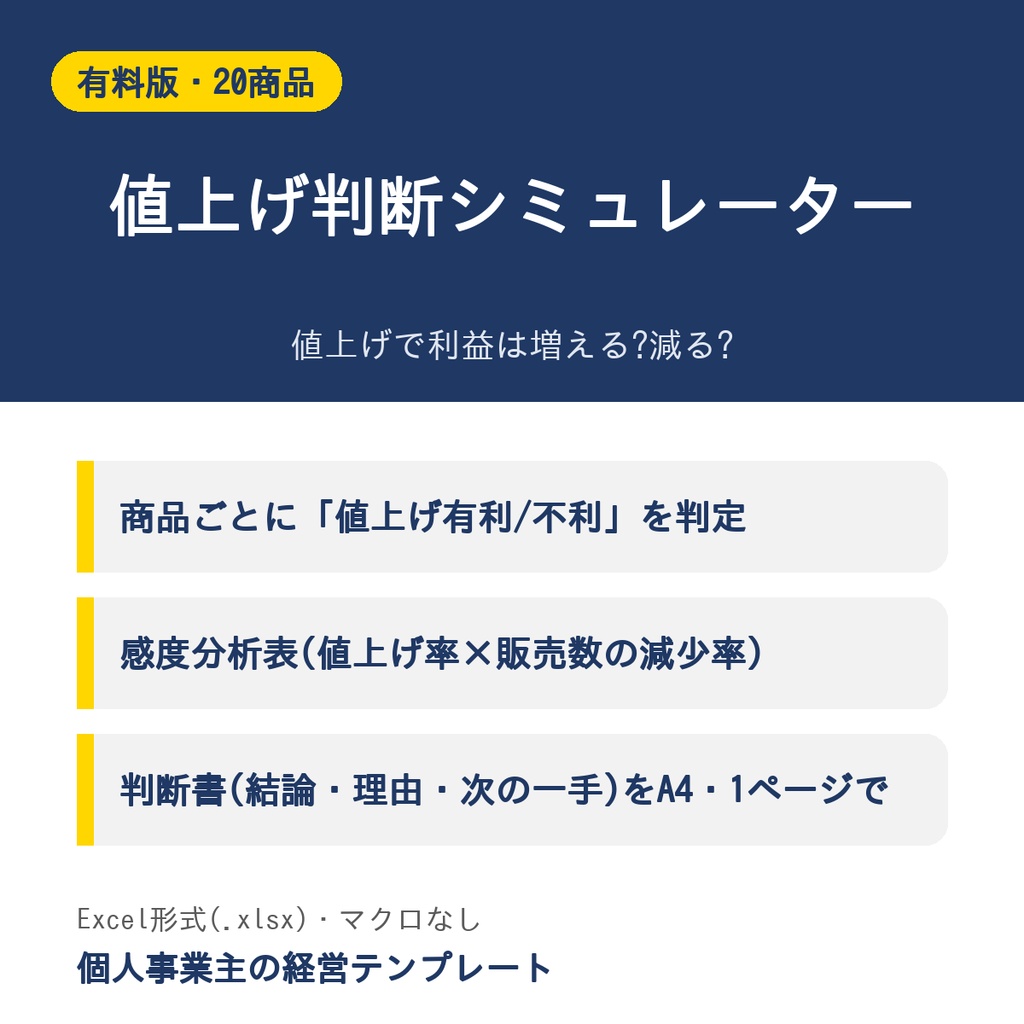 値上げ判断シミュレーター【有料版・20商品・感度分析つき】Excel