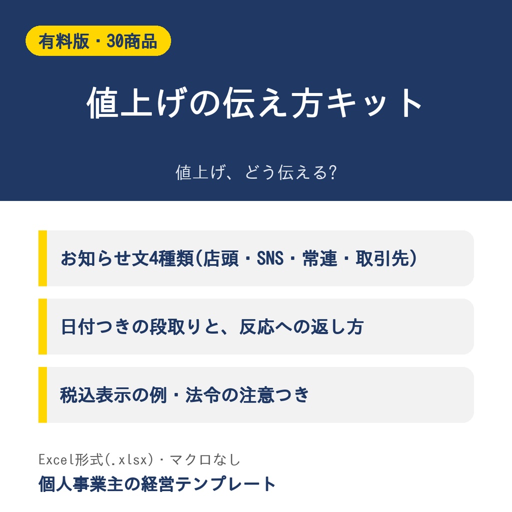 値上げの伝え方キット【有料版・30商品・お知らせ文4種類】Excel
