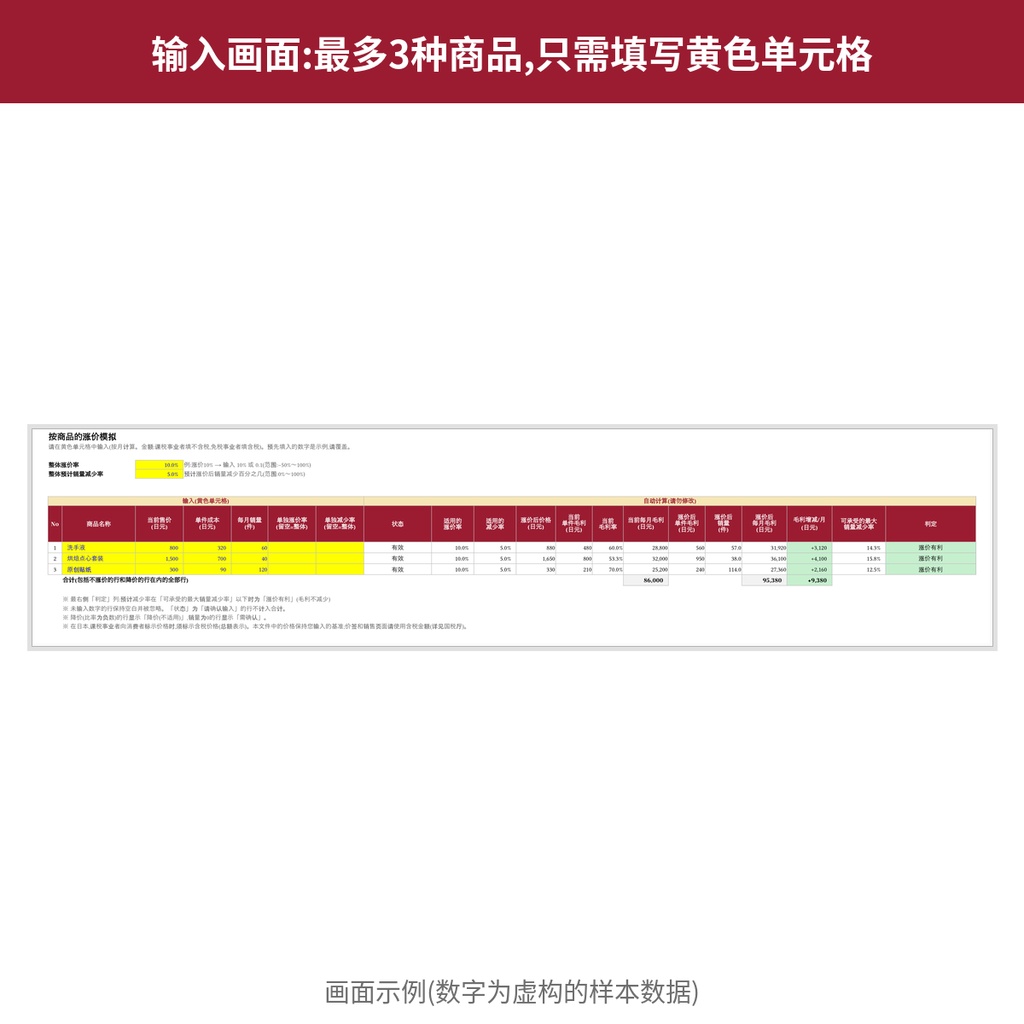 涨价判断模拟器【免费版・3种商品】Excel(简体中文)値上げ判断シミュレーター 中国語版