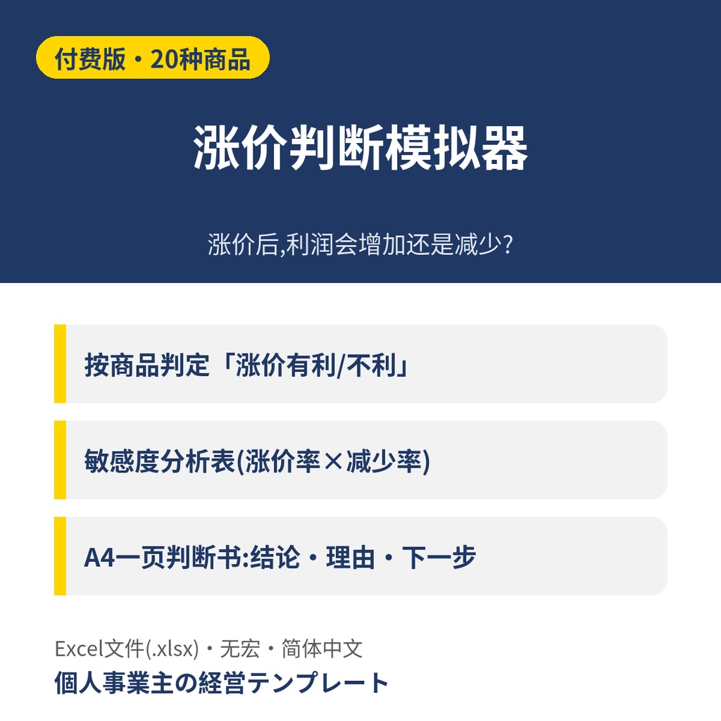 涨价判断模拟器【付费版・20种商品・判断书】Excel(简体中文)値上げ判断シミュレーター 有料版 中国語版