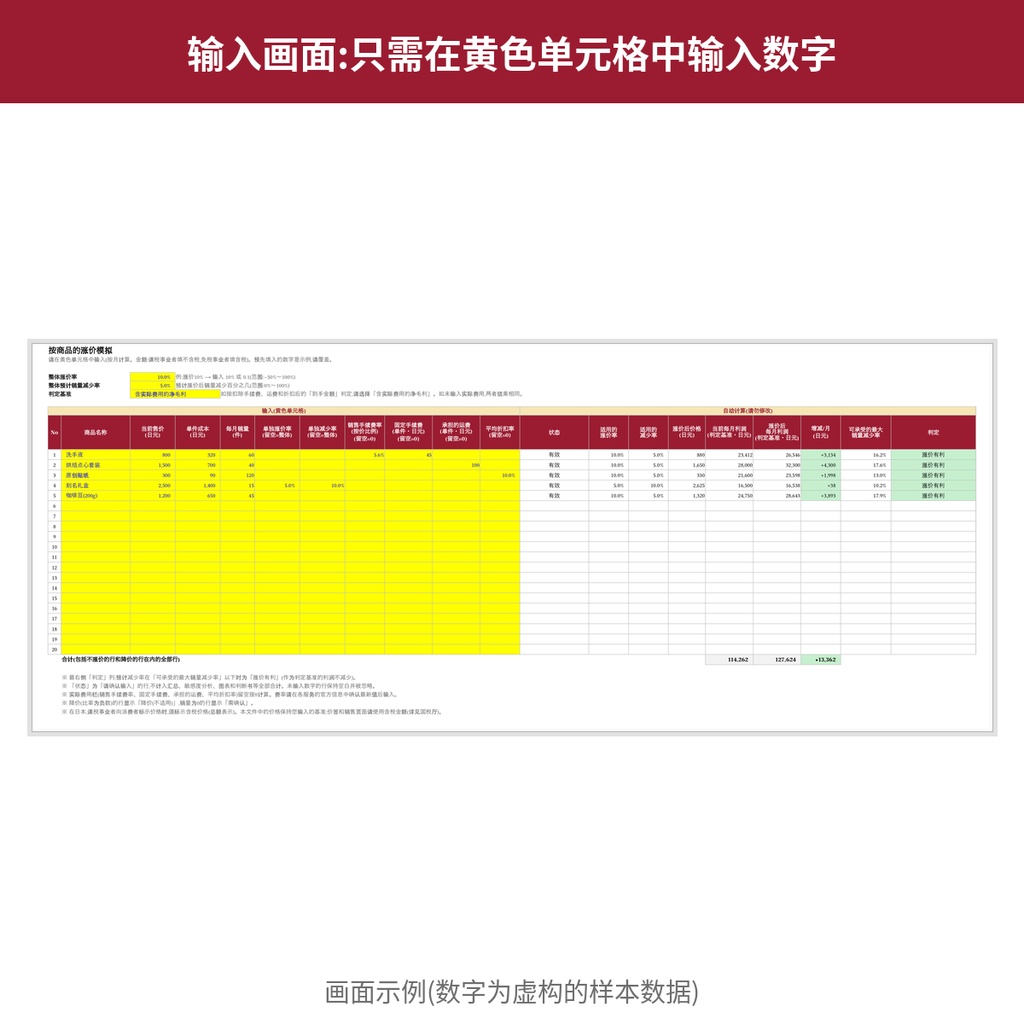 涨价判断模拟器【付费版・20种商品・判断书】Excel(简体中文)値上げ判断シミュレーター 有料版 中国語版