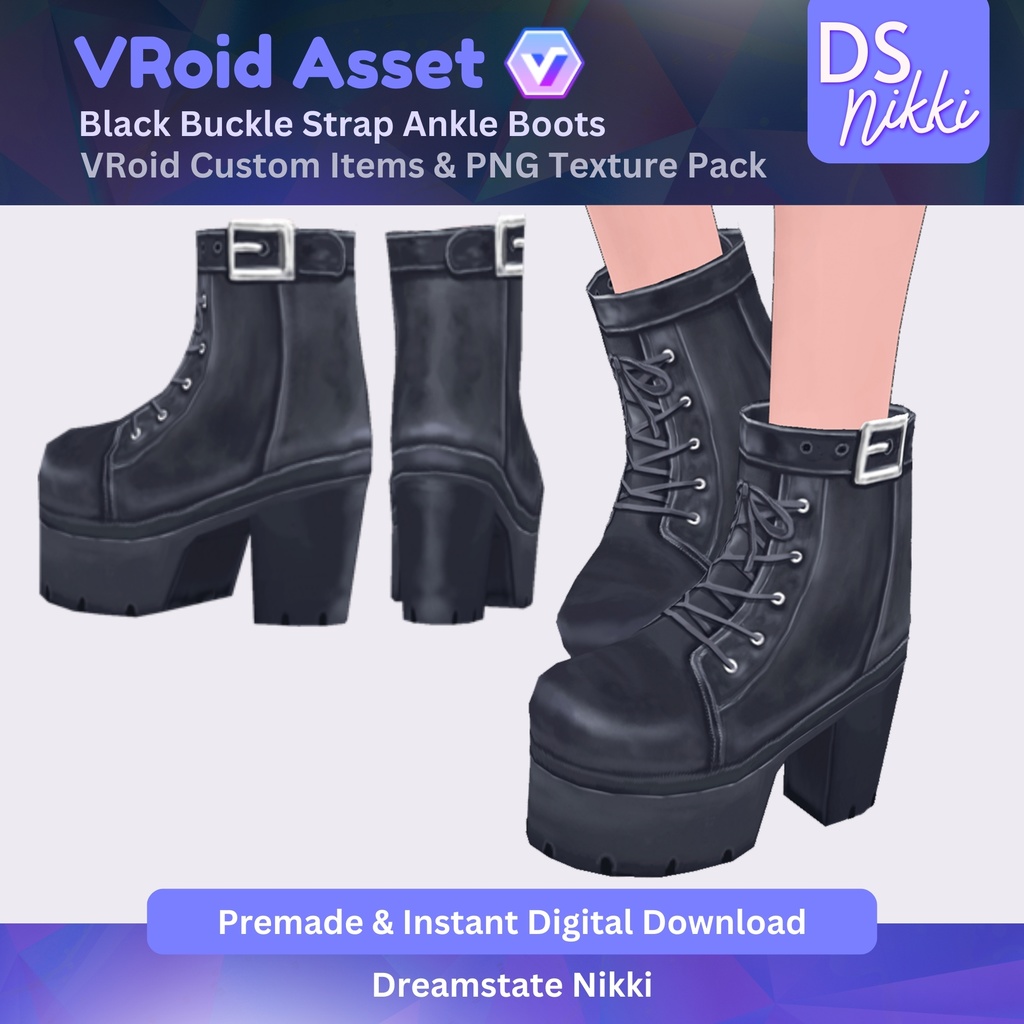 VRoid Studio Outfit โ Stylish Black Buckle Strap Ankle Boots, VRoid Custom Items & PNG Textures Pack, VTuber Clothes, Digital Asset