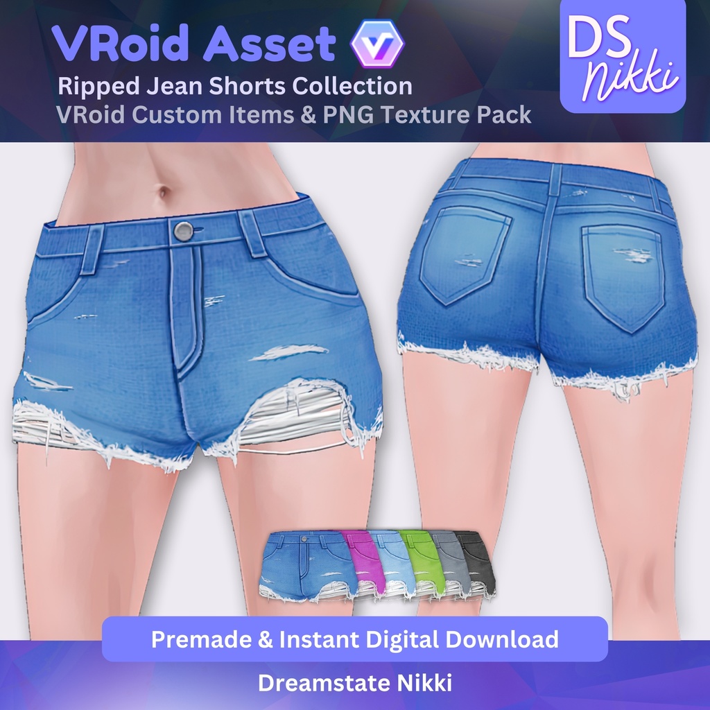 VRoid Studio Outfit โ Stylish Ripped Jeans Shorts Set, VRoid Custom Items & PNG Textures Pack, VTuber Clothes, Digital Asset