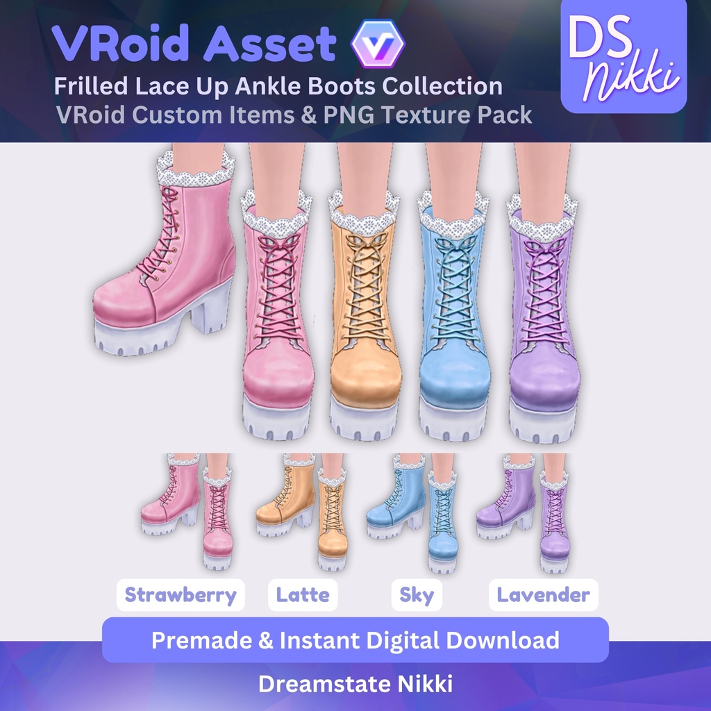VRoid Studio Outfit – Stylish Kawaii Frilled Lace Ankle Boots Set, VRoid Custom Items & PNG Textures Pack, VTuber Clothes, Digital Asset