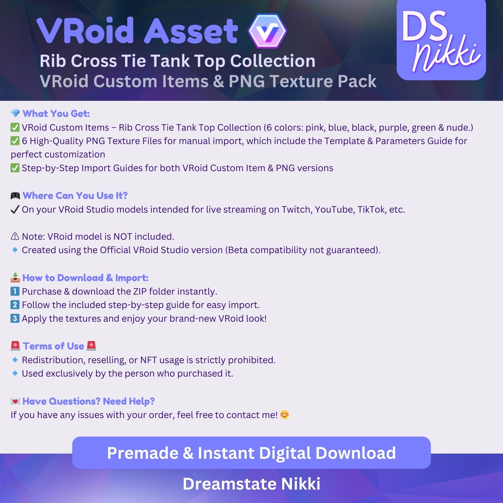 VRoid Studio Outfit – Stylish Rib Cross Tie Tank Top, VRoid Custom Items & PNG Textures Pack, VTuber Clothes, Digital Asset