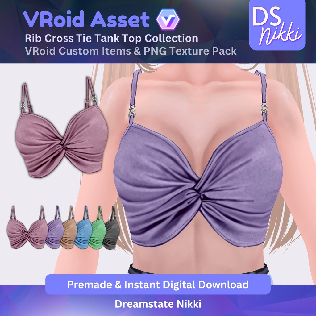 VRoid Studio Outfit – Stylish Rib Cross Tie Tank Top, VRoid Custom Items & PNG Textures Pack, VTuber Clothes, Digital Asset