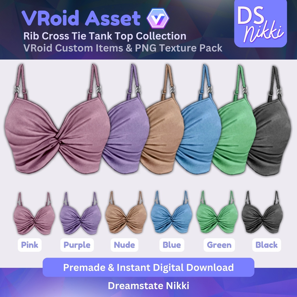 VRoid Studio Outfit – Stylish Rib Cross Tie Tank Top, VRoid Custom Items & PNG Textures Pack, VTuber Clothes, Digital Asset