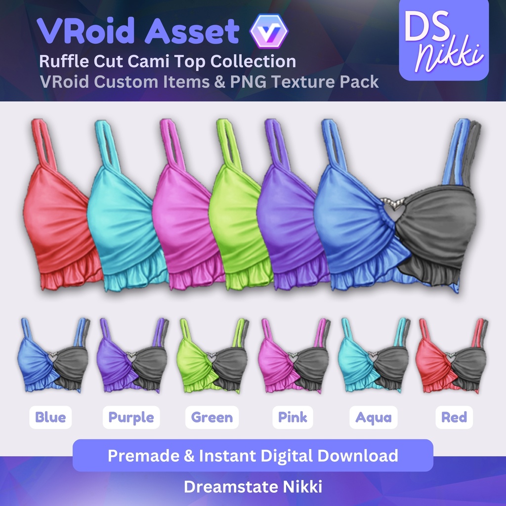 VRoid Studio Outfit – Stylish Ruffle Cut Cami Top Set, VRoid Custom Items & PNG Textures Pack, VTuber Clothes, Digital Asset