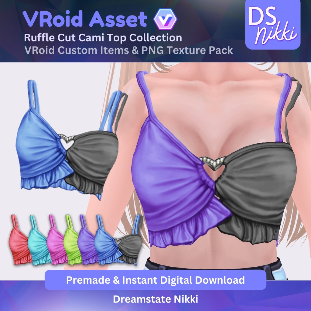 VRoid Studio Outfit – Stylish Ruffle Cut Cami Top Set, VRoid Custom Items & PNG Textures Pack, VTuber Clothes, Digital Asset