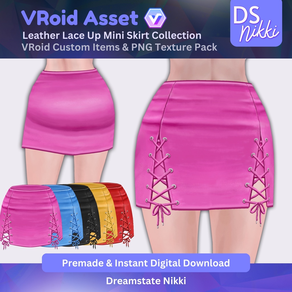 VRoid Studio Outfit โ Stylish Leather Lace Up Mini Skirt Set, VRoid Custom Items & PNG Textures Pack, VTuber Clothes, Digital Asset