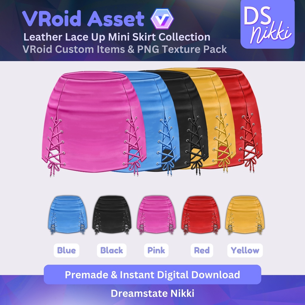 VRoid Studio Outfit – Stylish Leather Lace Up Mini Skirt Set, VRoid Custom Items & PNG Textures Pack, VTuber Clothes, Digital Asset