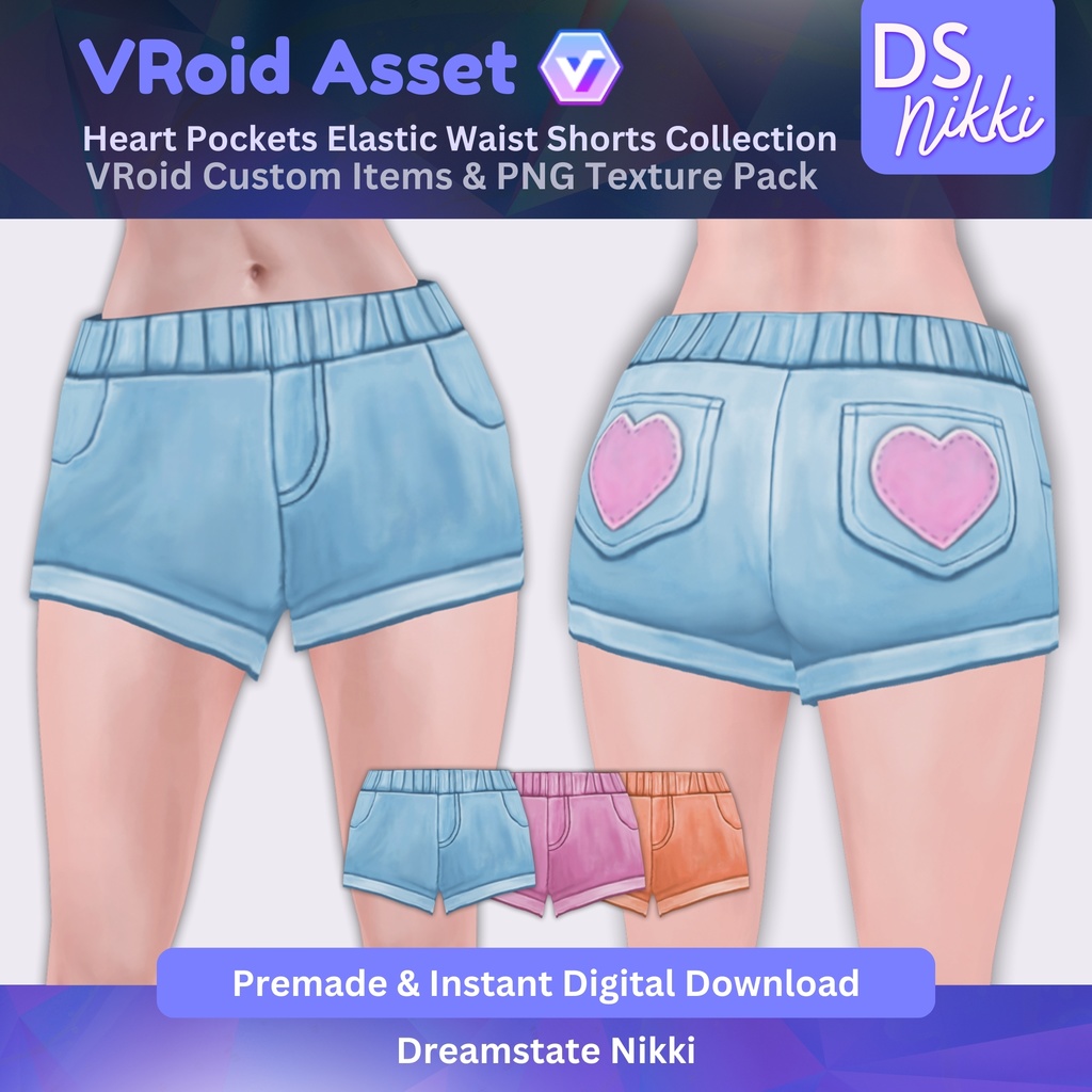 VRoid Studio Outfit – Kawaii Heart Pocket Shorts Set, VRoid Custom Items & PNG Textures Pack, VTuber Clothes, Digital Asset