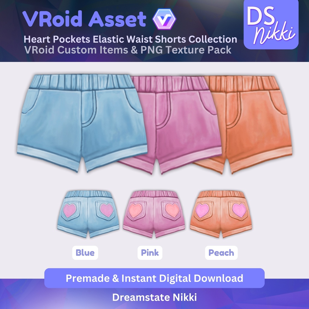 VRoid Studio Outfit – Kawaii Heart Pocket Shorts Set, VRoid Custom Items & PNG Textures Pack, VTuber Clothes, Digital Asset