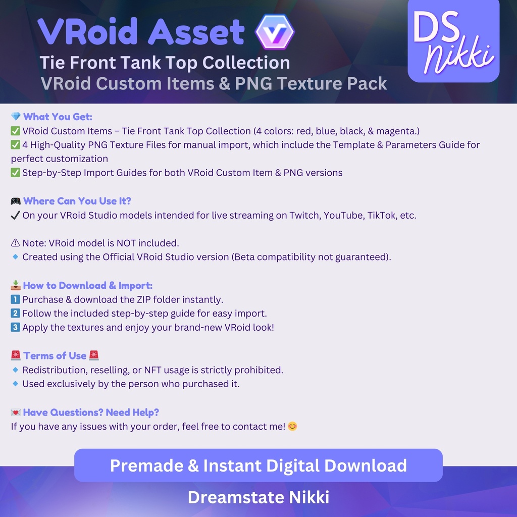 VRoid Studio Outfit – Stylish Tie Front Tank Top Set, VRoid Custom Items & PNG Textures Pack, VTuber Clothes, Digital Asset