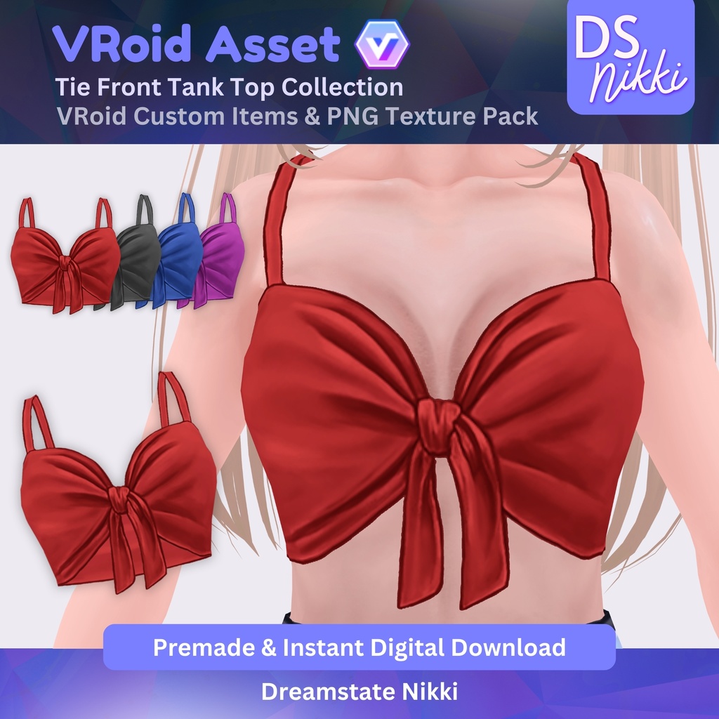 VRoid Studio Outfit – Stylish Tie Front Tank Top Set, VRoid Custom Items & PNG Textures Pack, VTuber Clothes, Digital Asset
