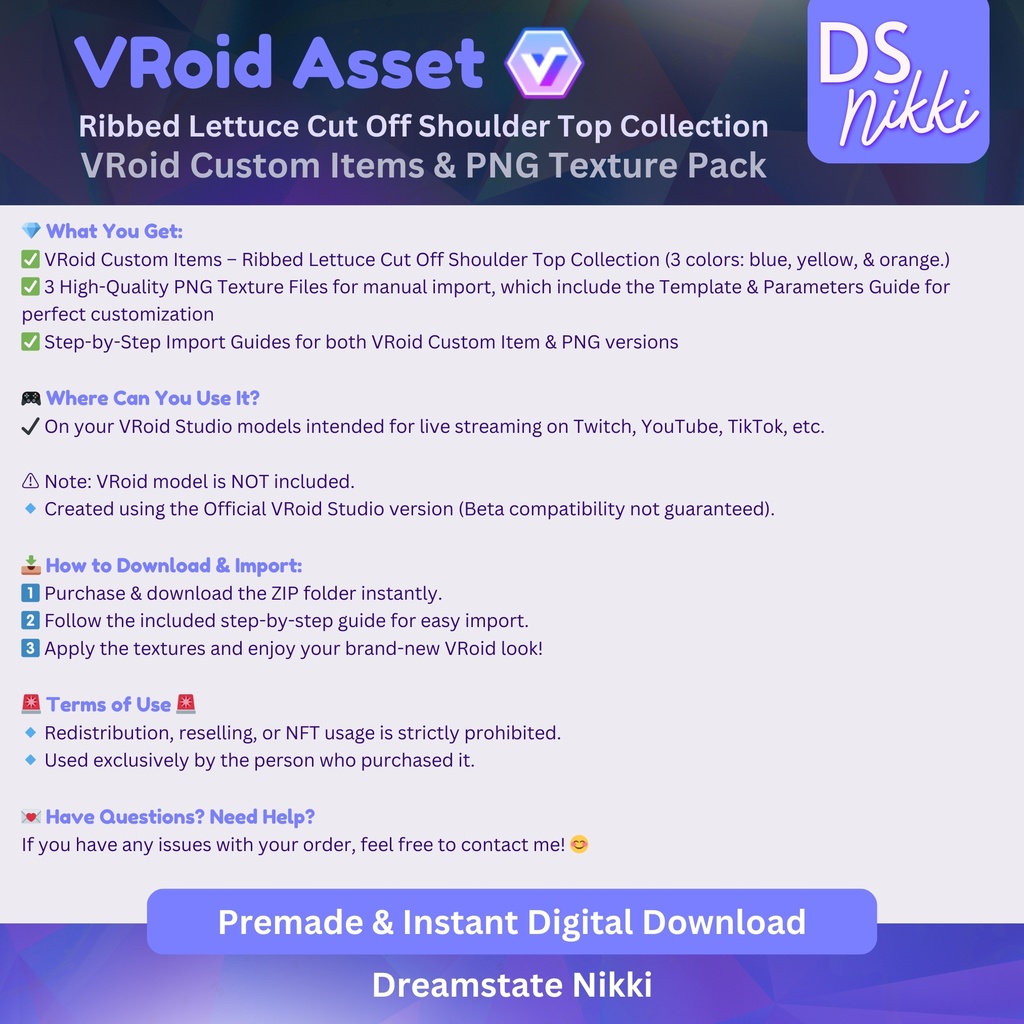 VRoid Studio Outfit – Stylish Ribbed Lettuce Cut Off Shoulder Top Set, VRoid Custom Items & PNG Textures Pack, VTuber Clothes, Digital Asset
