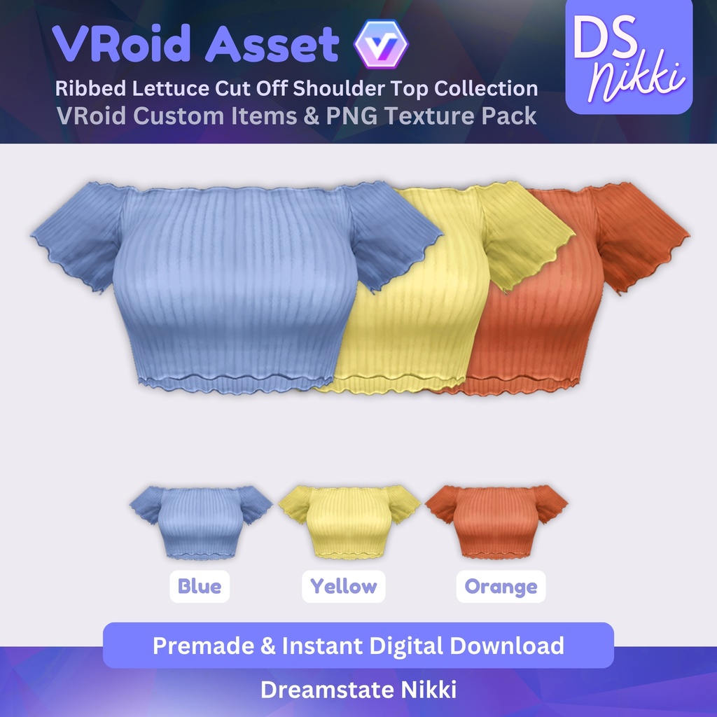 VRoid Studio Outfit – Stylish Ribbed Lettuce Cut Off Shoulder Top Set, VRoid Custom Items & PNG Textures Pack, VTuber Clothes, Digital Asset