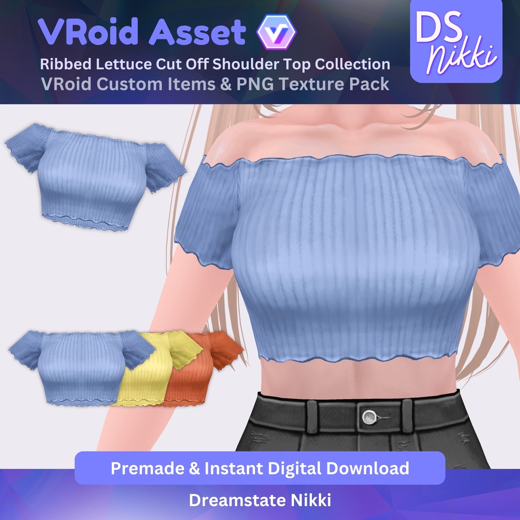 VRoid Studio Outfit โ Stylish Ribbed Lettuce Cut Off Shoulder Top Set, VRoid Custom Items & PNG Textures Pack, VTuber Clothes, Digital Asset